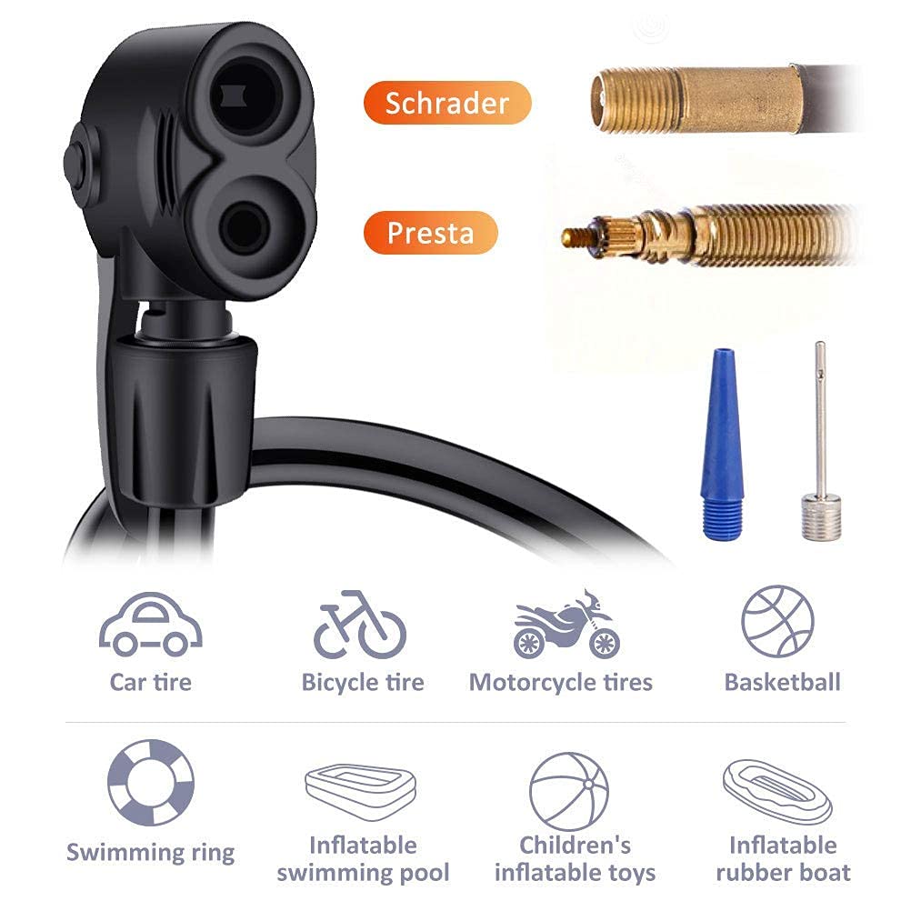 Bike Pump, Mini Bicycle Pump Portable Bike Floor Pump with Presta and Schrader Valves Aluminum Alloy Floor Bicycle Air Pump Compact Mini Bike Tire Pump, Extra Valve and Gas Needle for All Bike -Black