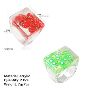 MOKAVIKY 25 2 Pcs Chunky Resin Fruit Rings Set Colorful Strawberry Acrylic Rings for Women