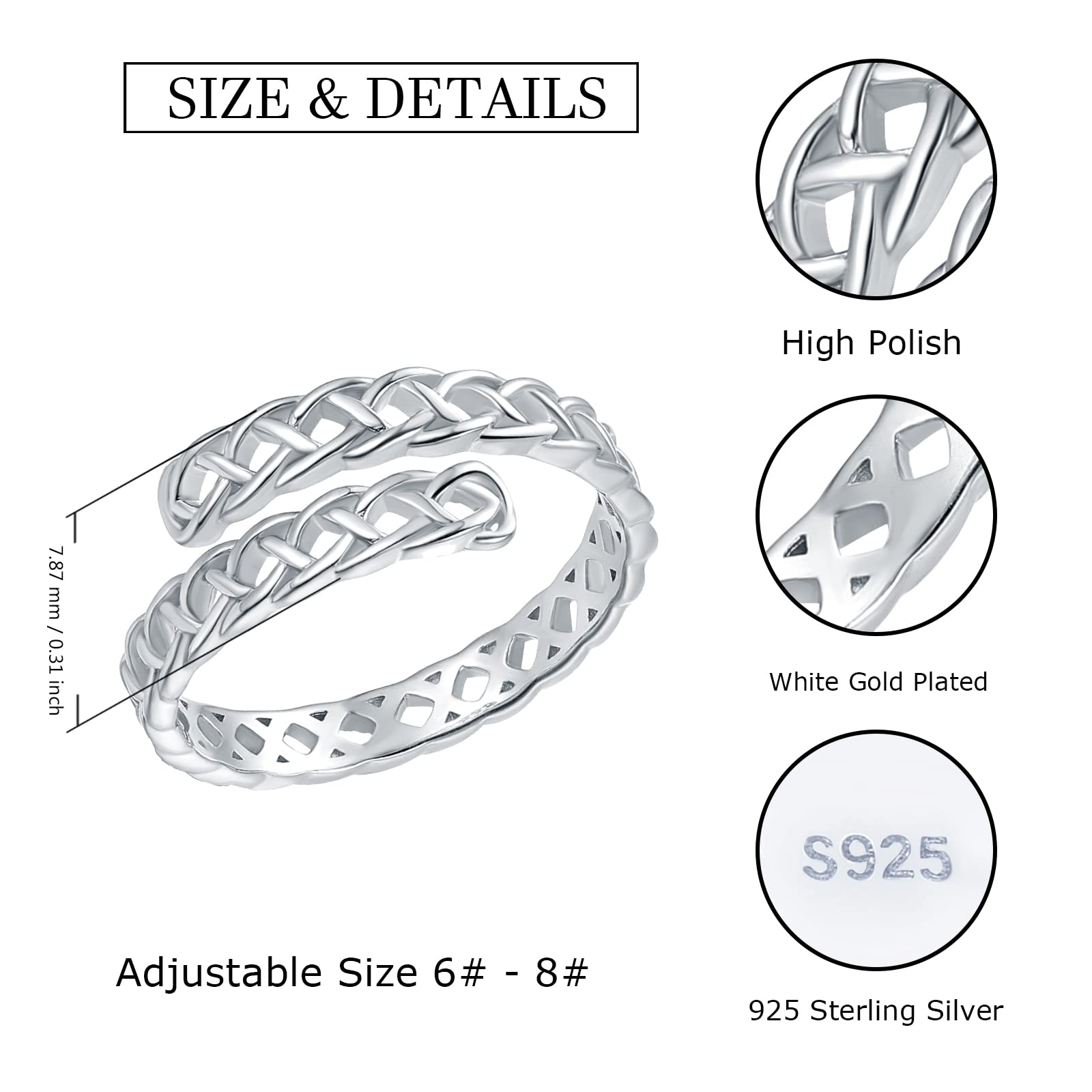 925-Sterling-Silver Celtic Flower Thumb Ring - Baroque Open Adjustable Resizable Ring Hawaiian Leaf Dainty Tail Pinky Toe Knuckle Rings Knot Eternity Wedding Band Ring Gifts for Women Men Teen (White Gold) (Celtic Knot Ring)