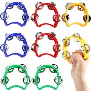 8 pack plastic tambourines, mini percussion tambourines bulk, half moon handheld tambourine with 4 jingle bells for adults(4 colors)