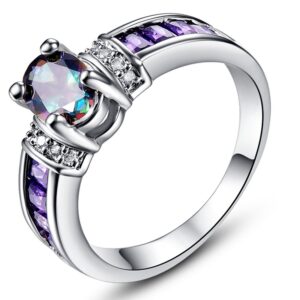 psiroy 925 sterling silver plated oval simulated rainbow topaz ring for women size 7