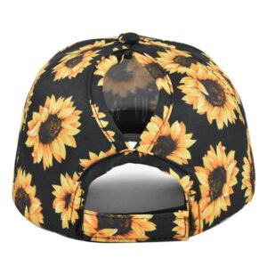 Womens Criss Cross Ponytail Hat Sunflower Hat Ponytail Bun Sun Hat for Women (Black)