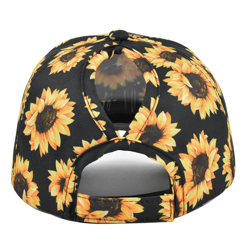 Womens Criss Cross Ponytail Hat Sunflower Hat Ponytail Bun Sun Hat for Women (Black)