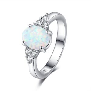 CHATCHAT Exquisite Women's 925 Sterling Silver Ring Oval Cut Fire-Opal Diamond Jewelry Birthday Gift Bridal Party Ring（Silver，SL7）