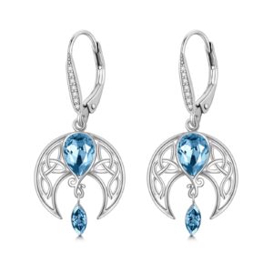 Celtic Moon Earrings 925 Sterling Silver Crescent Moon Leverback Dangle Drop Earrings with Simulated Aquamarine Birthstone Crystal Celtic Irish Jewelry Gifts for Women