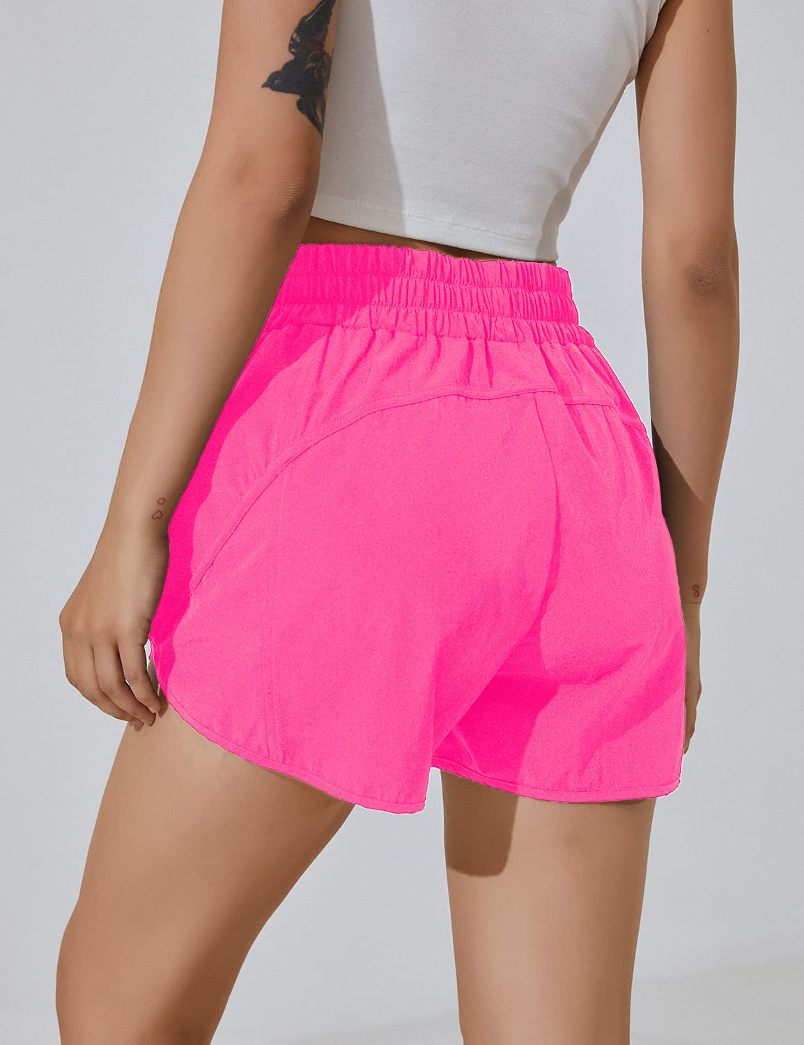 BMJL Women's Running Shorts Elastic High Waisted Shorts Pocket Sporty Workout Short Quick Dry Athletic Shorts Pants(M,Hot Pink)