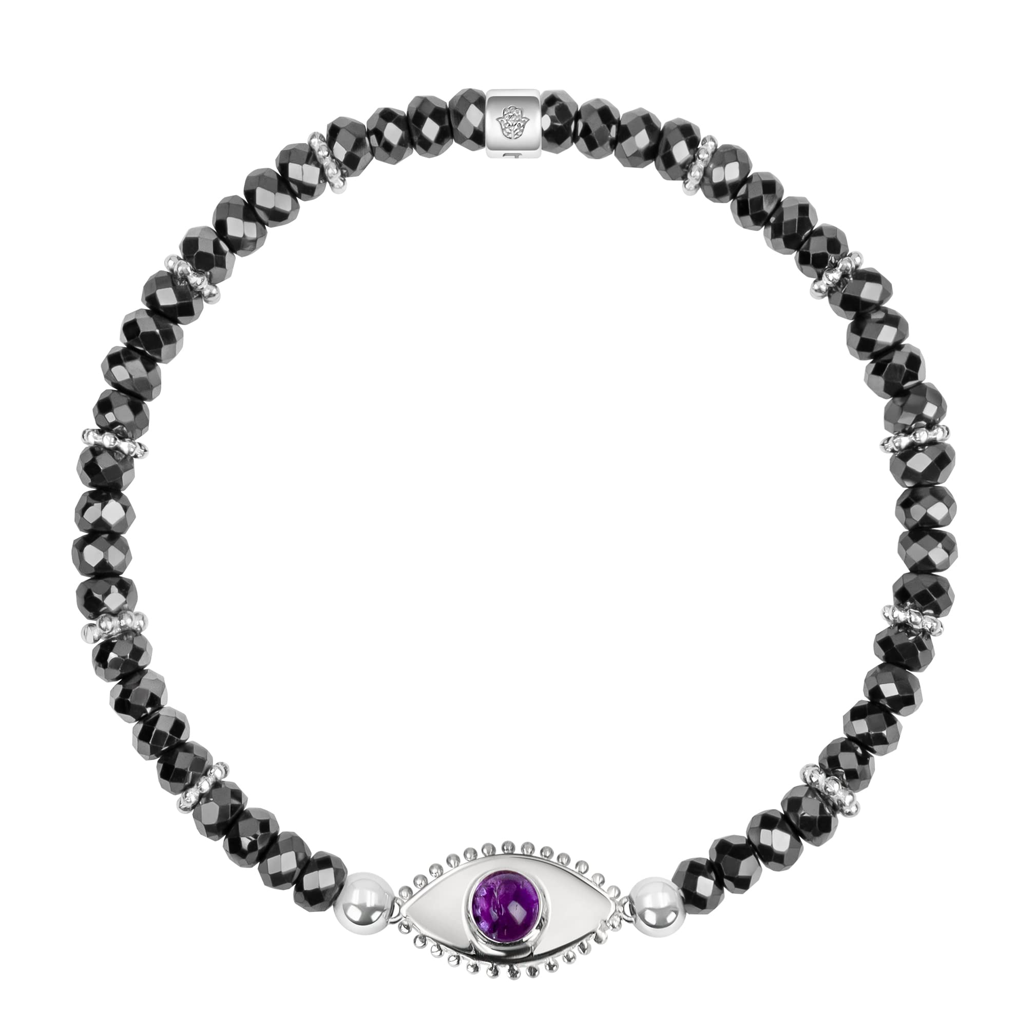 KARMA AND LUCK - Inner Transformation - Women's Grounding Real Hematite & Calming Amethyst Beads 925 Sterling Silver Protection Evil Eye Charm Stretch Bali Bracelet