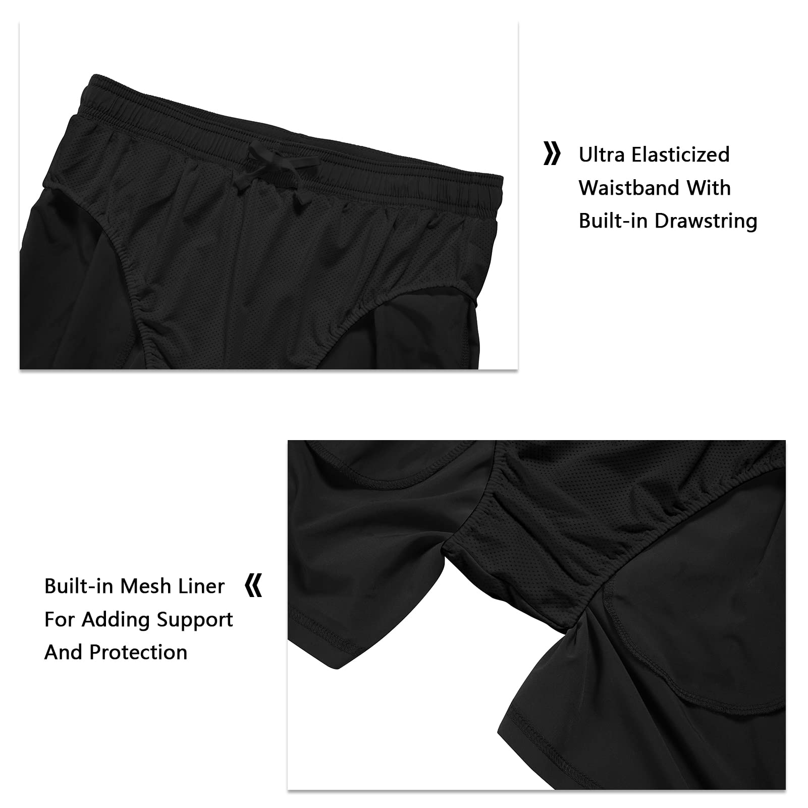 Men's 5 Inch Running Shorts Lightweight Athletic Workout Gym Shorts Liner with Zipper Pockets Black