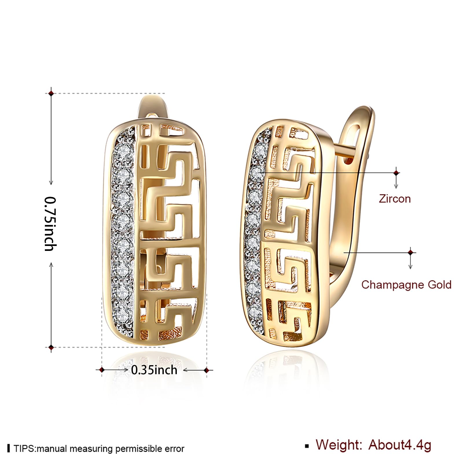 WSKFLY 14K Gold Plated Pattern Cutout Women's Earrings, Cubic Zirconia Hoop Earrings (Keystone Diamonds)