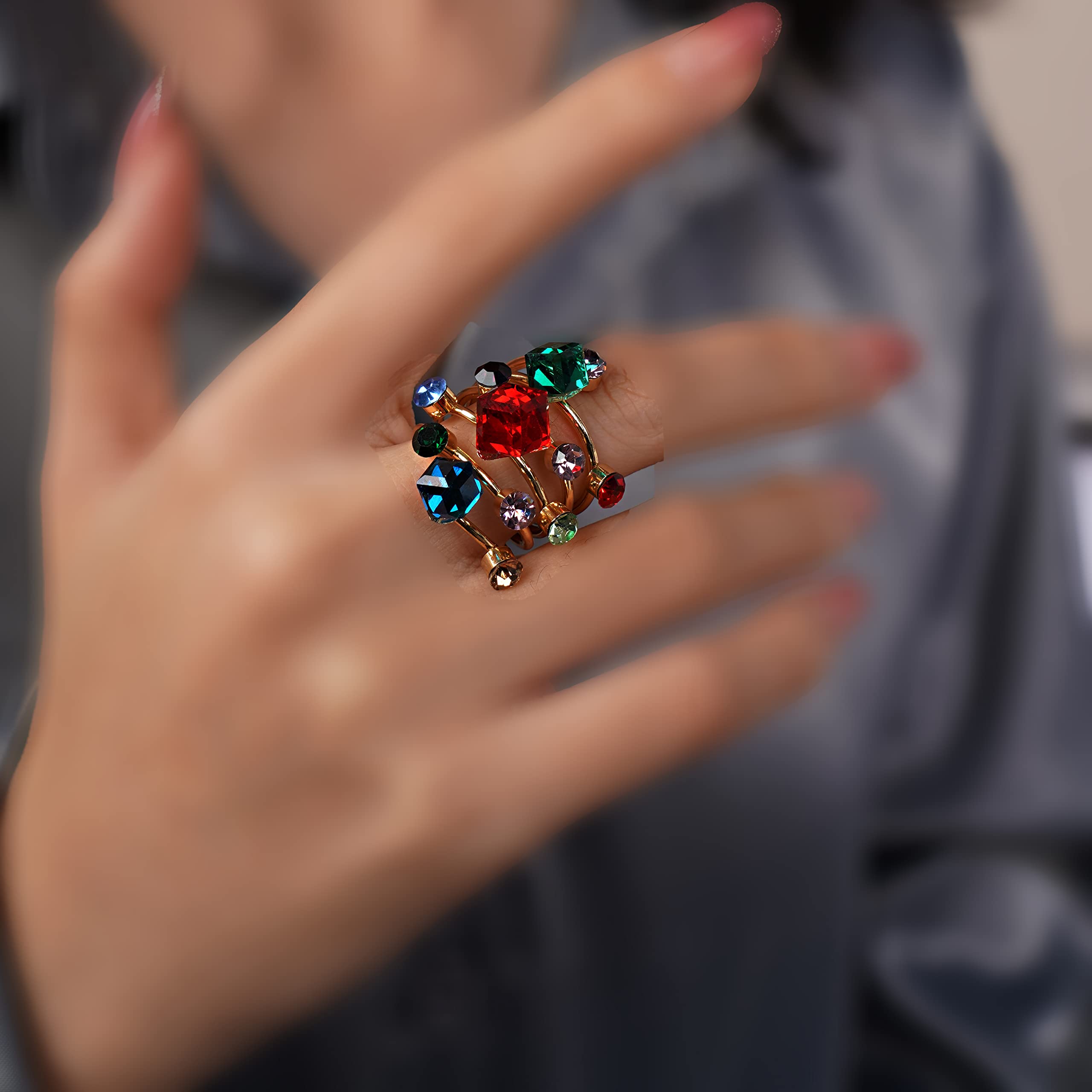 YERTTER Boho Colorful Crystal Ring Spring Flower Ring Floral Cluster Stretch Ring Sparkly Rhinestone Crystal Statement Ring Gift for Teens