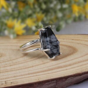 PANOPLY Natural Snowflake Obsidian Gemstone Ring, Coffin Ring, Sterling Silver Ring, Prong Set Ring, Handmade Ring, Boho Ring, Gift For Mom (7.5)