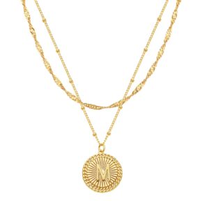 lolar ray layered initial necklace set gold coin disc cz initial pendant 14k gold plated dainty water ripple link chain choker necklace personalized jewelry gift for women letter m