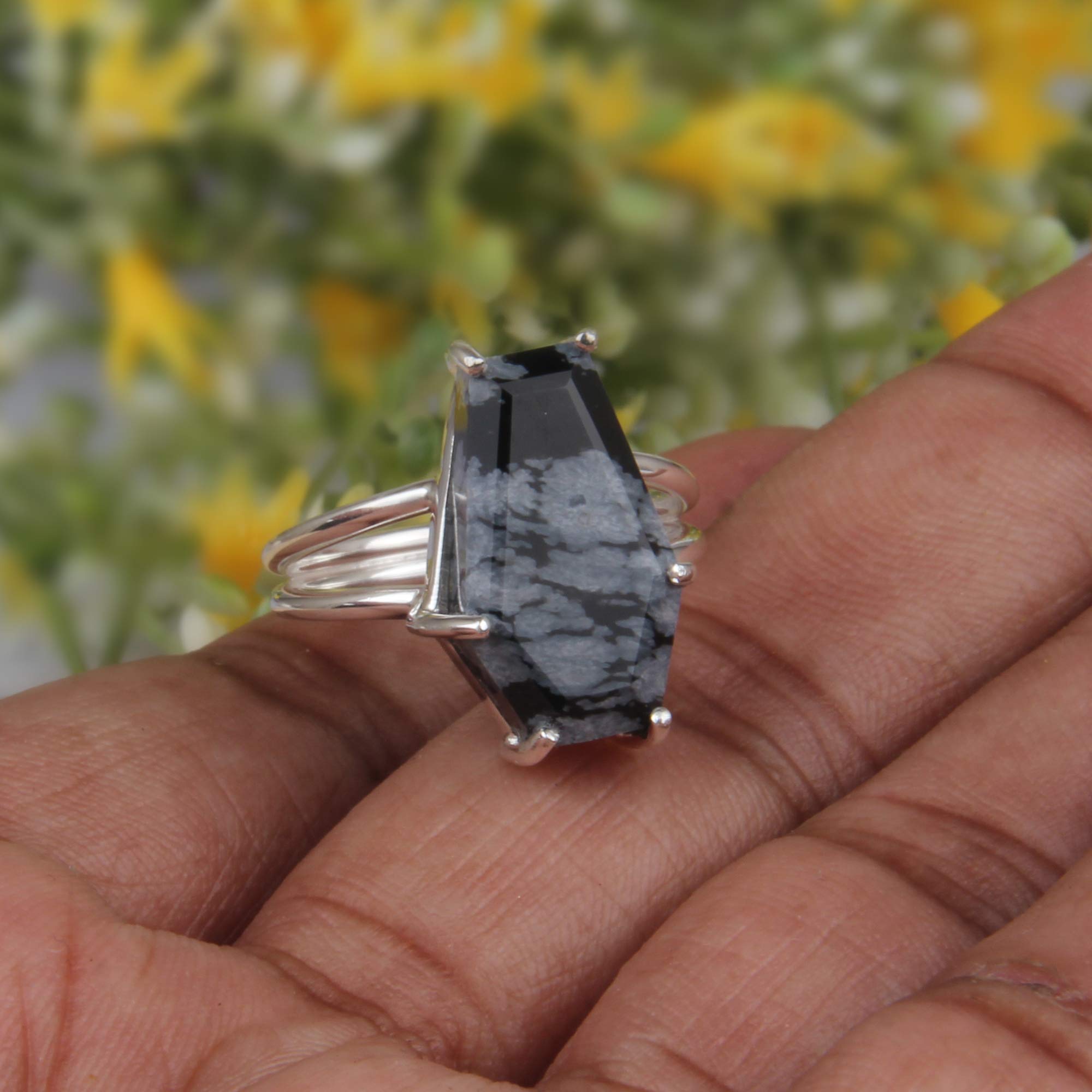 PANOPLY Natural Snowflake Obsidian Gemstone Ring, Coffin Ring, Sterling Silver Ring, Prong Set Ring, Handmade Ring, Boho Ring, Gift For Mom (7.5)