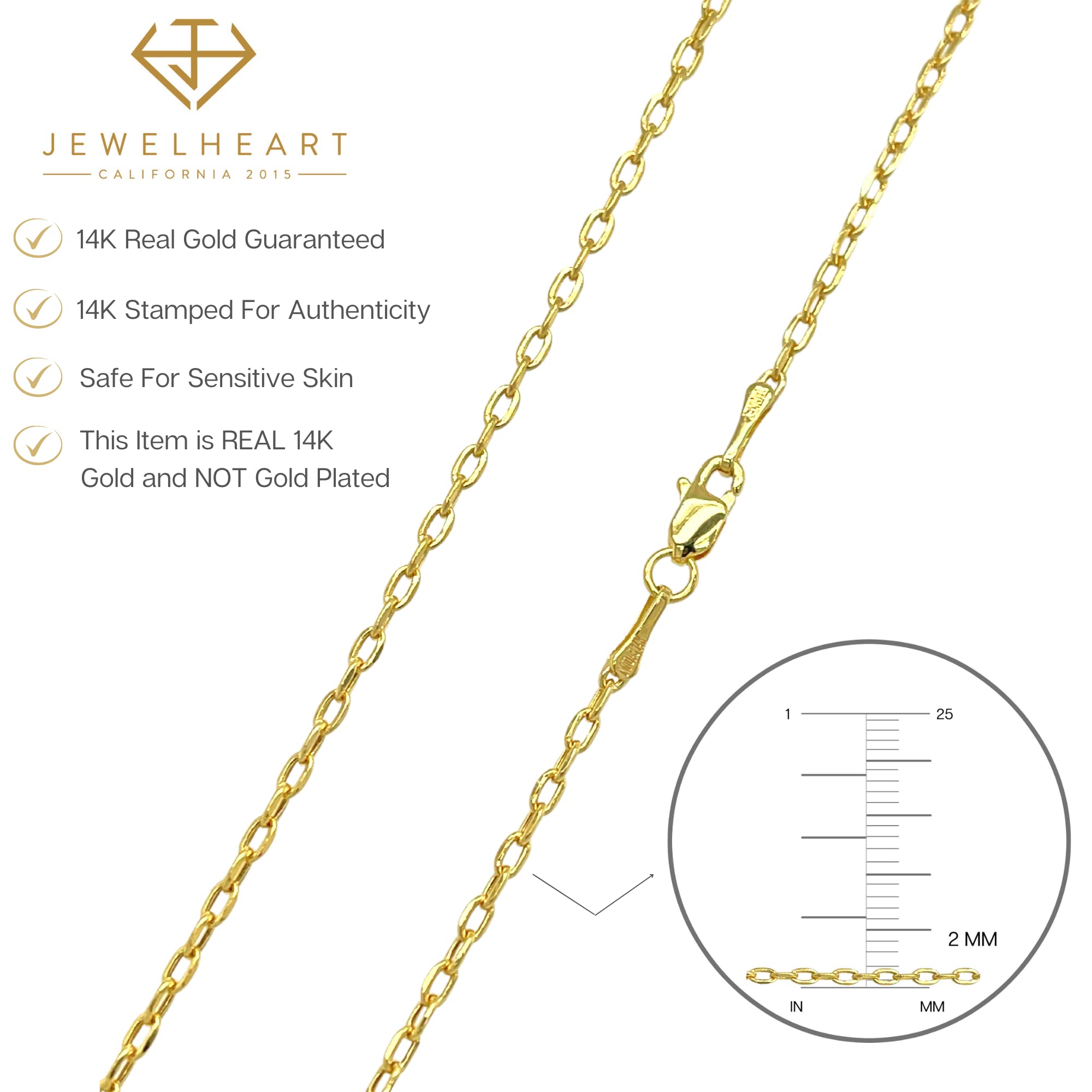 JEWELHEART 14K Real Gold Link Chain Necklace - 2mm Diamond Cut Cable Chain - Dainty 14K Yellow Gold Necklace For Women with Lobster Clasp 16"