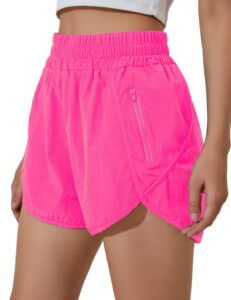 bmjl women's running shorts elastic high waisted shorts pocket sporty workout short quick dry athletic shorts pants(m,hot pink)