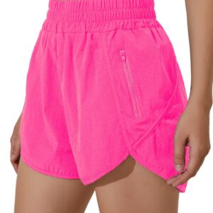 BMJL Women's Running Shorts Elastic High Waisted Shorts Pocket Sporty Workout Short Quick Dry Athletic Shorts Pants(M,Hot Pink)