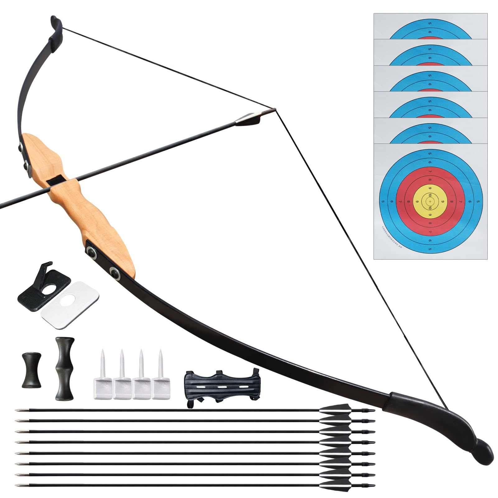 Traditional Wooden Recurve Bow and Arrow Set for Adults Beginner, 30LB 40LB Right Handed Wooden Archery Long Bows for Outdoor Shooting Training Practice (40LBS)