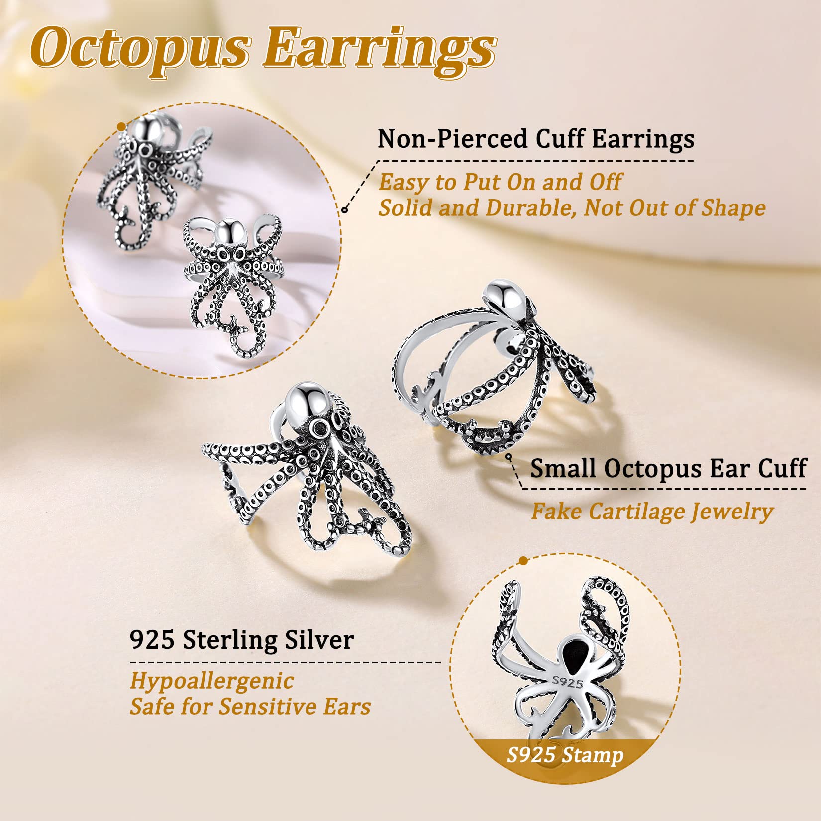 Suplight 925 Sterling Silver Octopus Ear Cuff Small Cartilage Cuff Earring Non Pierced Fake Earrings for Women Men