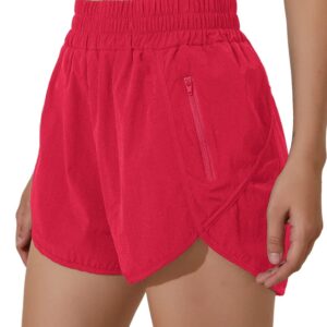 BMJL Women's Running Shorts Elastic High Waisted Shorts Pocket Sporty Workout Shorts Quick Dry Athletic Shorts Pants(S,Red)