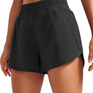 CRZ YOGA Women's High Waisted Running Shorts Mesh Liner - 3'' Dolphin Quick Dry Athletic Gym Track Workout Shorts Zip Pocket Black Medium