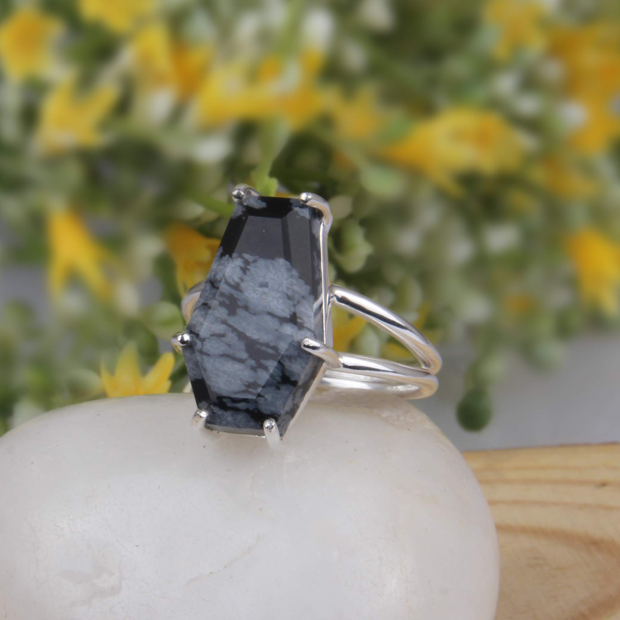 PANOPLY Natural Snowflake Obsidian Gemstone Ring, Coffin Ring, Sterling Silver Ring, Prong Set Ring, Handmade Ring, Boho Ring, Gift For Mom (7.5)