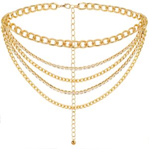 dtwawa multilayer crystal chain belts for women layered rhinestones metal waist chain punk chunky body belly chain for dresses jeans,gold(51.2in)