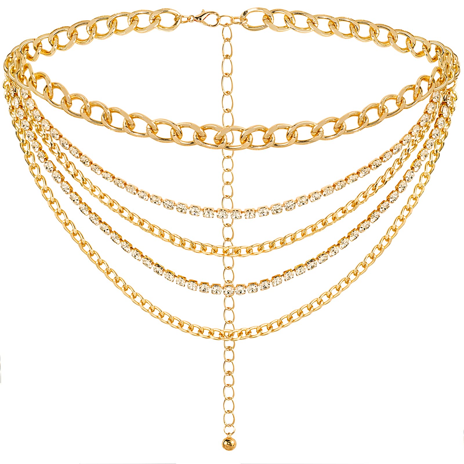 DTWAWA Multilayer Crystal Chain Belts for Women Layered Rhinestones Metal Waist Chain Punk Chunky Body Belly Chain for Dresses Jeans,Gold(51.2in)