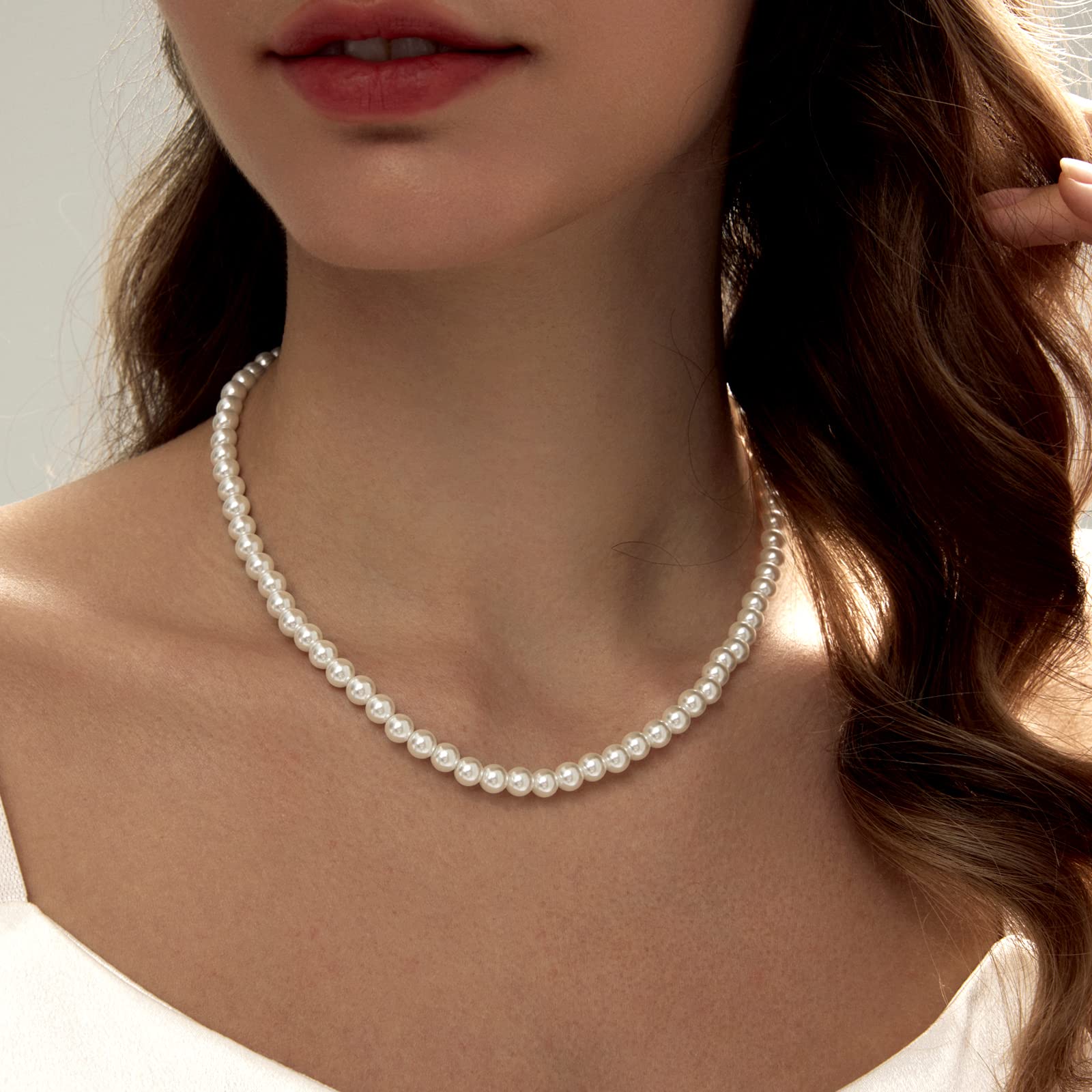 LULII Pearl Necklaces for Women, 6MM Cream White Round Choker, Sterling Silver Dainty Lobster Clasp for Jewelry Gifts