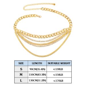 DTWAWA Multilayer Crystal Chain Belts for Women Layered Rhinestones Metal Waist Chain Punk Chunky Body Belly Chain for Dresses Jeans,Gold(51.2in)