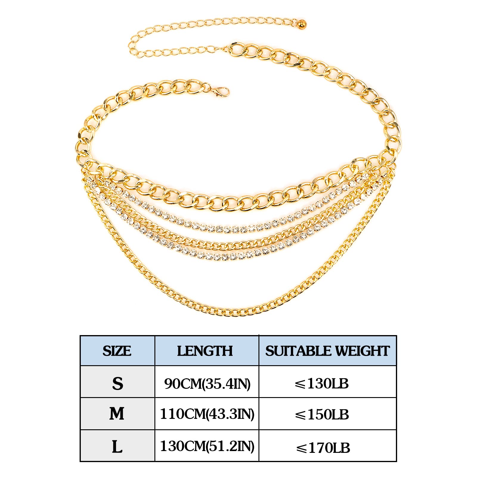 DTWAWA Multilayer Crystal Chain Belts for Women Layered Rhinestones Metal Waist Chain Punk Chunky Body Belly Chain for Dresses Jeans,Gold(51.2in)