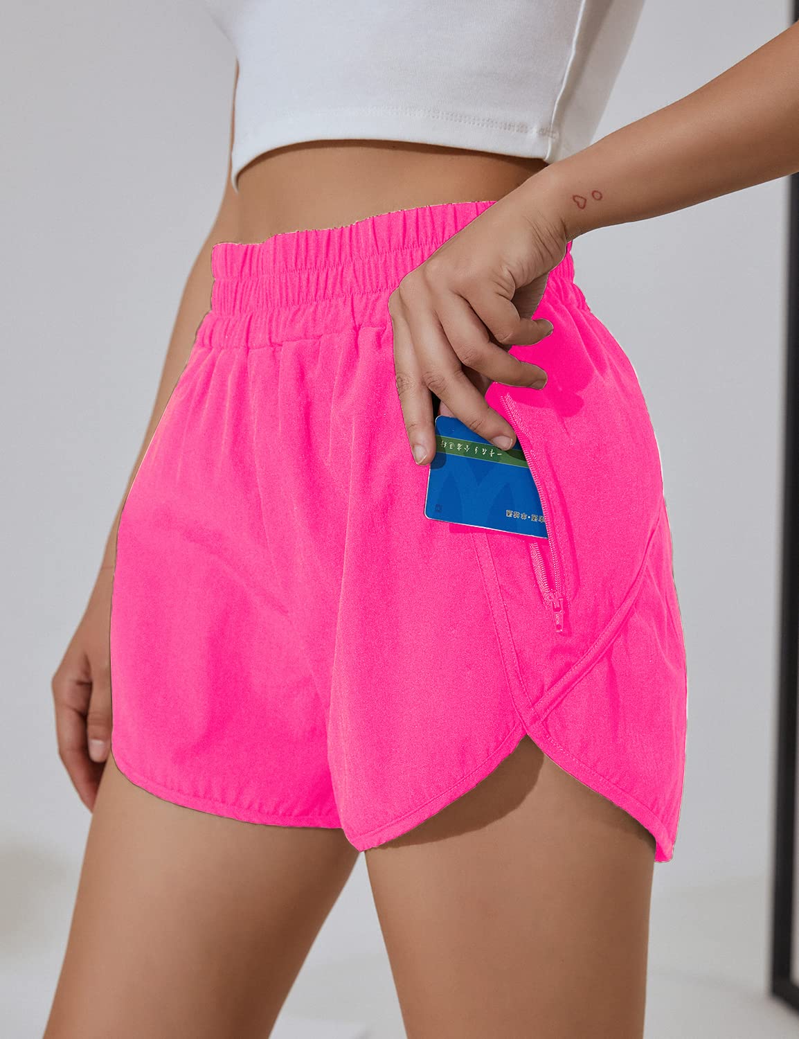 BMJL Women's Running Shorts Elastic High Waisted Shorts Pocket Sporty Workout Short Quick Dry Athletic Shorts Pants(M,Hot Pink)