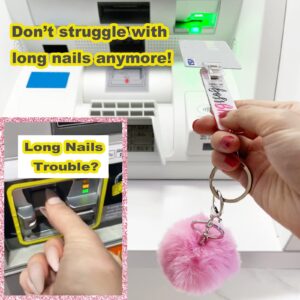 BATUMEYE Card Grabber Card Clip For Long Nails, Cute Acrylic Debit Bank Card Grabber Keychain with Pom Pom Ball and Plastic Clip For Women(New Pink White)