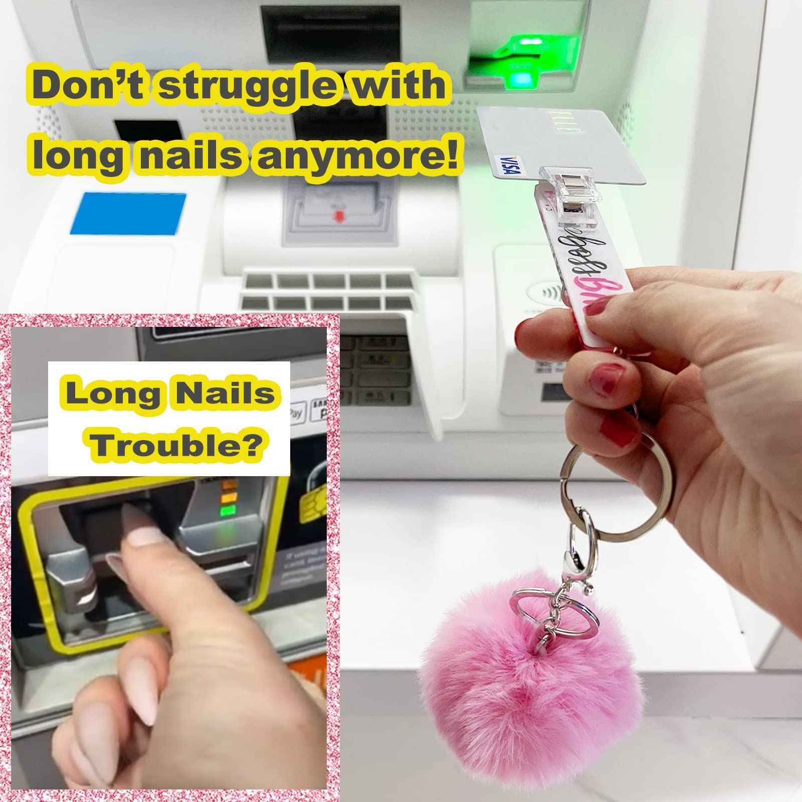 BATUMEYE Card Grabber Card Clip For Long Nails, Cute Acrylic Debit Bank Card Grabber Keychain with Pom Pom Ball and Plastic Clip For Women(New Pink White)