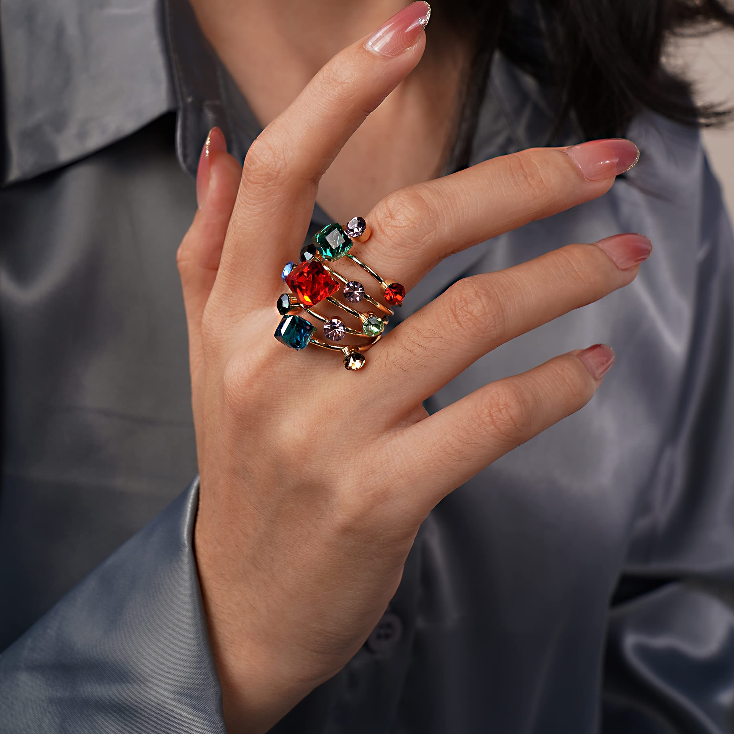 YERTTER Boho Colorful Crystal Ring Spring Flower Ring Floral Cluster Stretch Ring Sparkly Rhinestone Crystal Statement Ring Gift for Teens