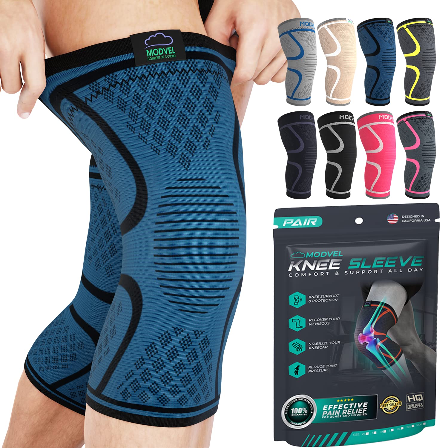 Modvel Compression Knee Brace for Women & Men - 2 Pack Knee Brace for Women Running Knee Pain, Knee Support Compression Sleeve, Workout Sports Knee Braces for Meniscus Tear ACL & Arthritis Pain Relief