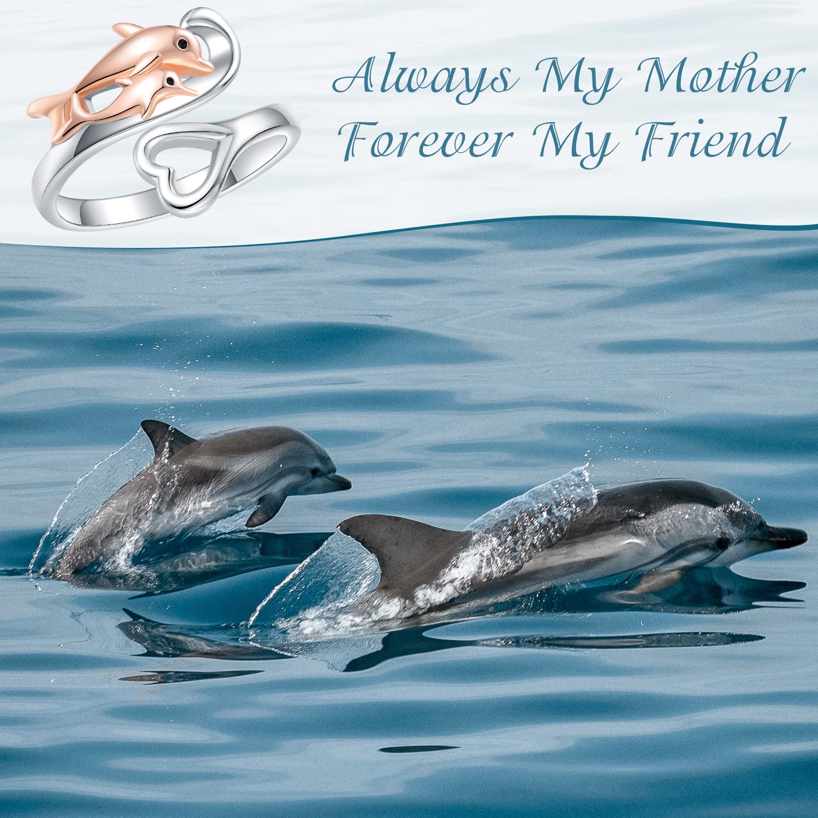 925-Sterling-Silver Heart Wave Dolphin Ring - Rose Gold Plated Mother Daughter Rings，Sea Ocean Cute Animal Dolphins Gifts for Women，Mothers Day Jewelry Gifts for Mom