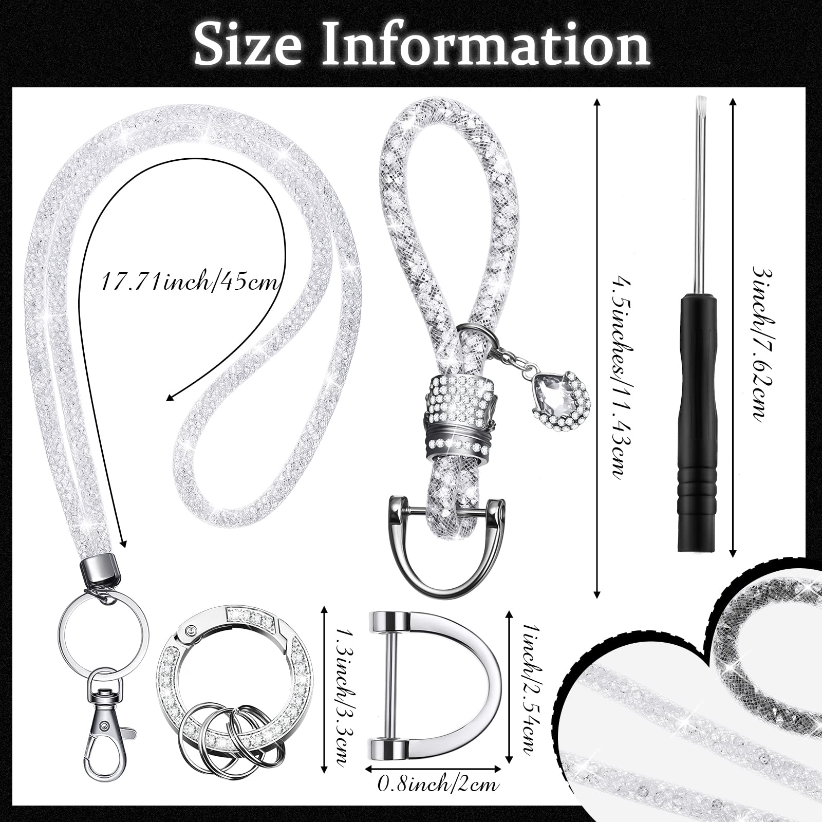 Leelosp Bling Rhinestone Wristlet Neck Lanyards Crystal Car Keychain with Diamond Metal Clasp Keychain for Women ID Badge (White)