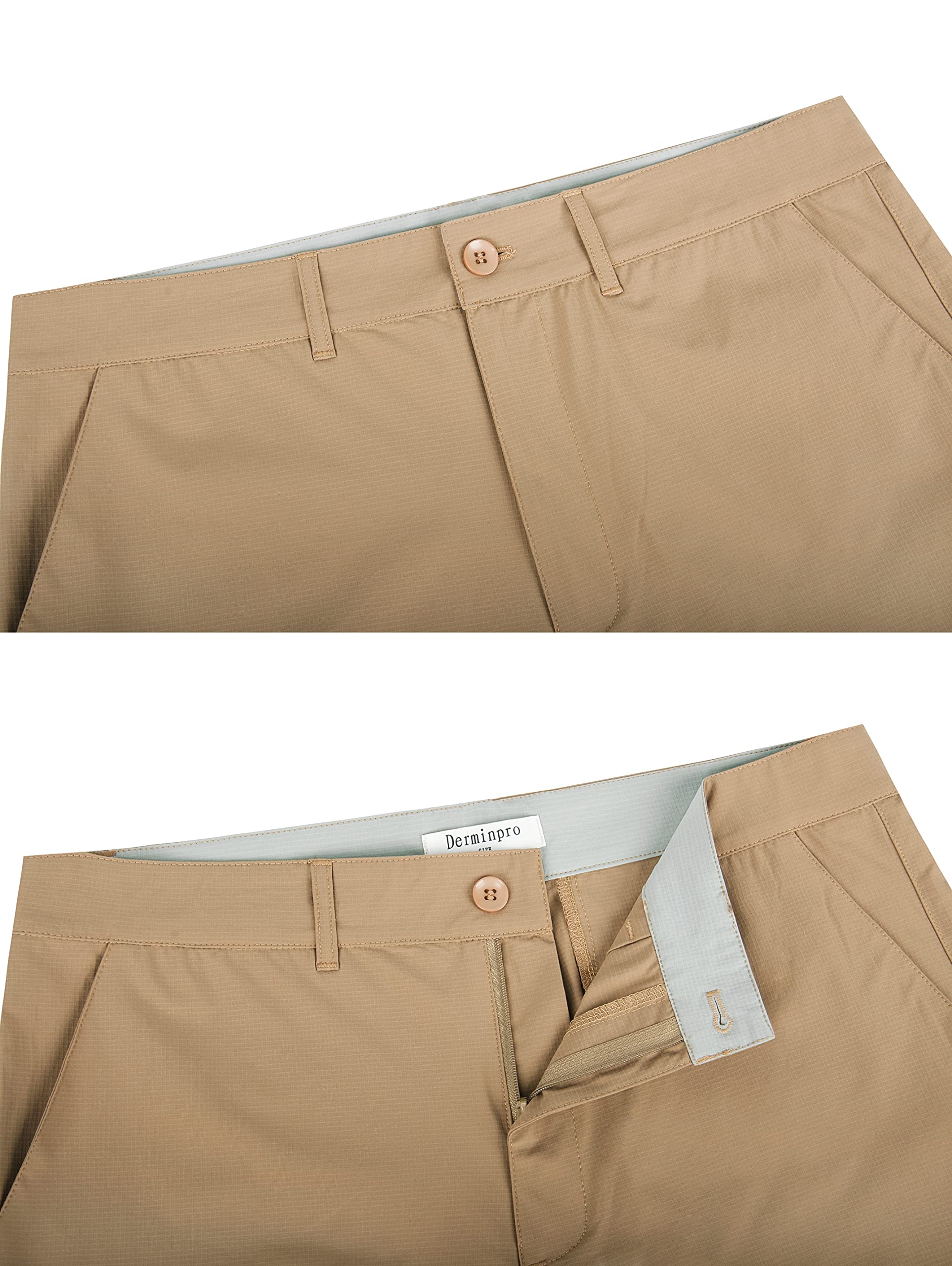 Derminpro Men's Classic Fit Stretch Nylon Waterproof Golf Shorts with Zip Pockets Khaki XX-Large