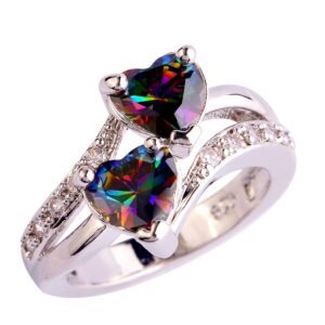 emsione vintage 925 sterling silver plated created rainbow topaz heart love band wedding promise ring size 6