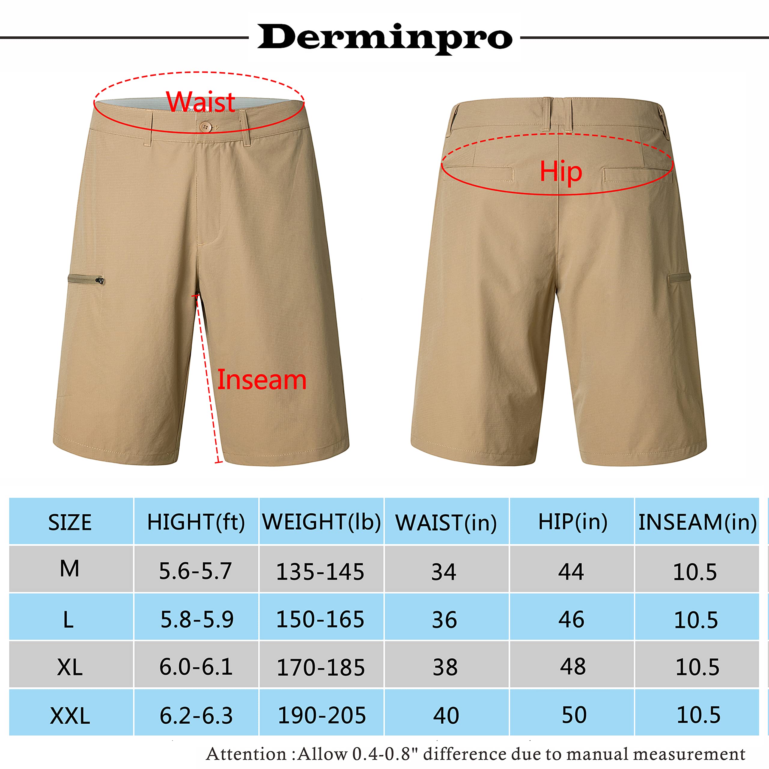 Derminpro Men's Classic Fit Stretch Nylon Waterproof Golf Shorts with Zip Pockets Khaki XX-Large