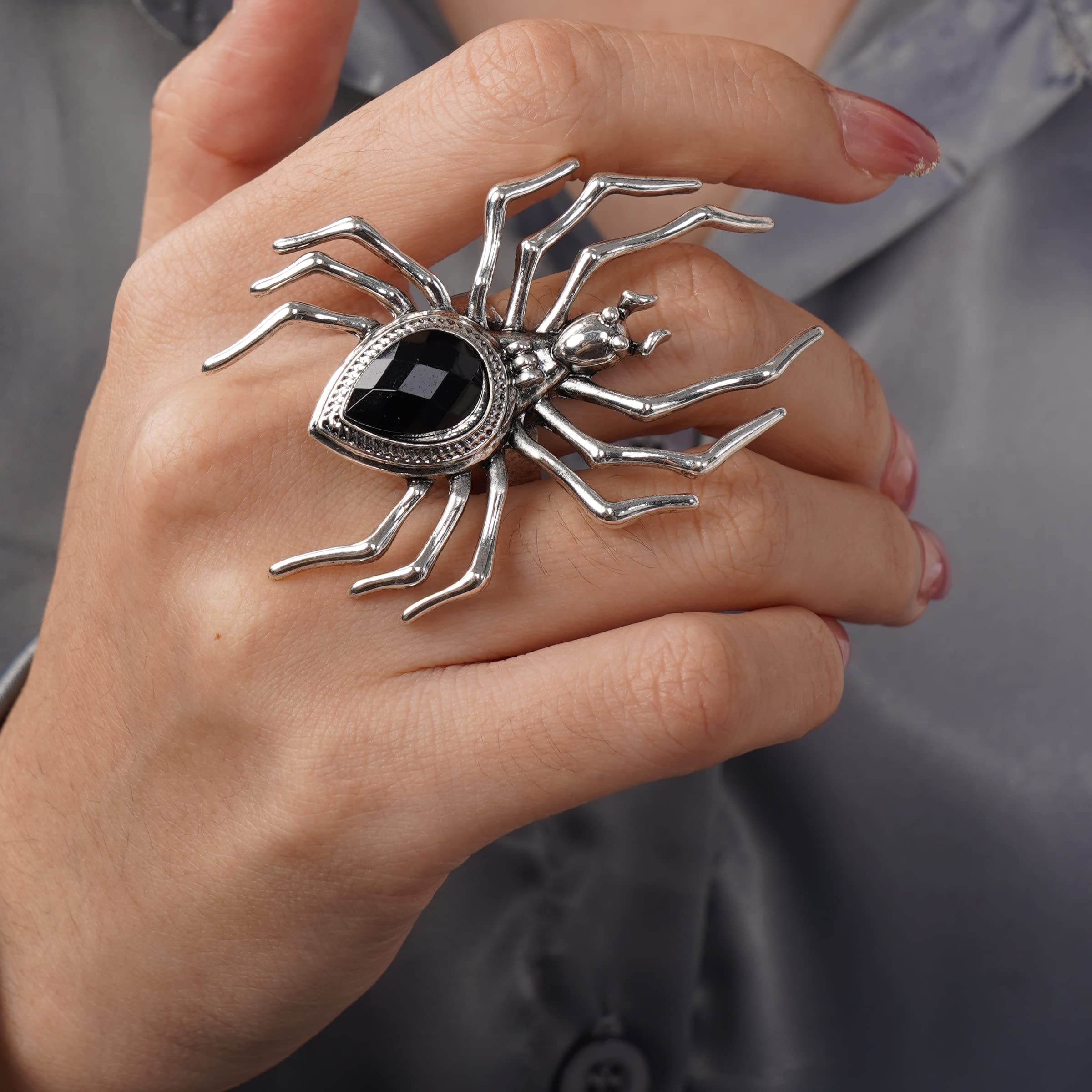 YERTTER Punk Grunge Silver Black Spider Ring Halloween Speacial Statement Ring Oversized Exaggrated Ring Costume Party Gift for Teens