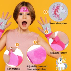 6 Pcs Gymnastics Grips Wristband Sweatbands Headband Set for Girls Kids Youth Unicorn Gymnastics Bar Hand Athletic Gloves with Drawstring Party Favor Bags, Pink (Unicorn,Small)