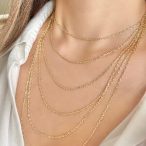 JEWELHEART 14K Real Gold Link Chain Necklace - 2mm Diamond Cut Cable Chain - Dainty 14K Yellow Gold Necklace For Women with Lobster Clasp 16"