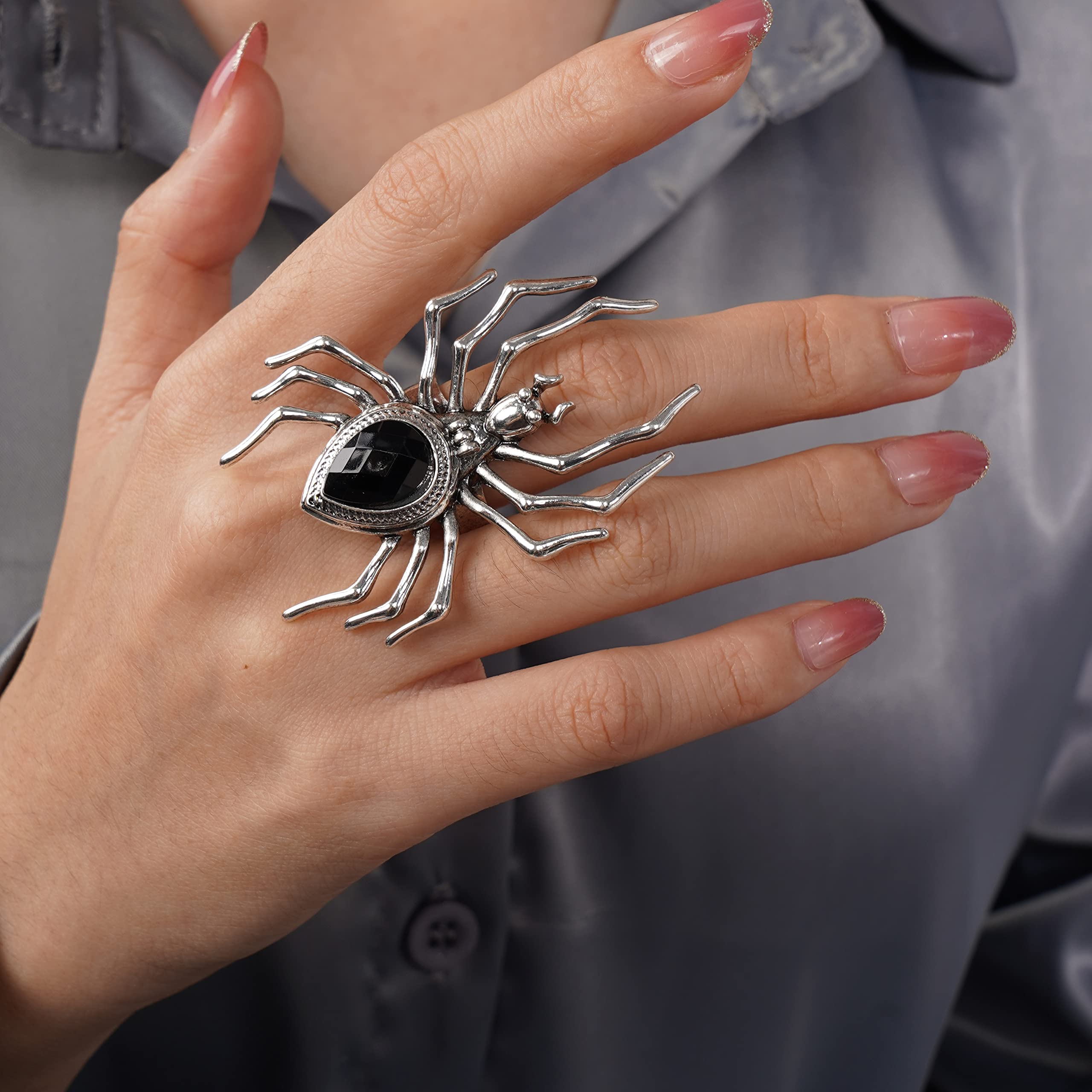 YERTTER Punk Grunge Silver Black Spider Ring Halloween Speacial Statement Ring Oversized Exaggrated Ring Costume Party Gift for Teens