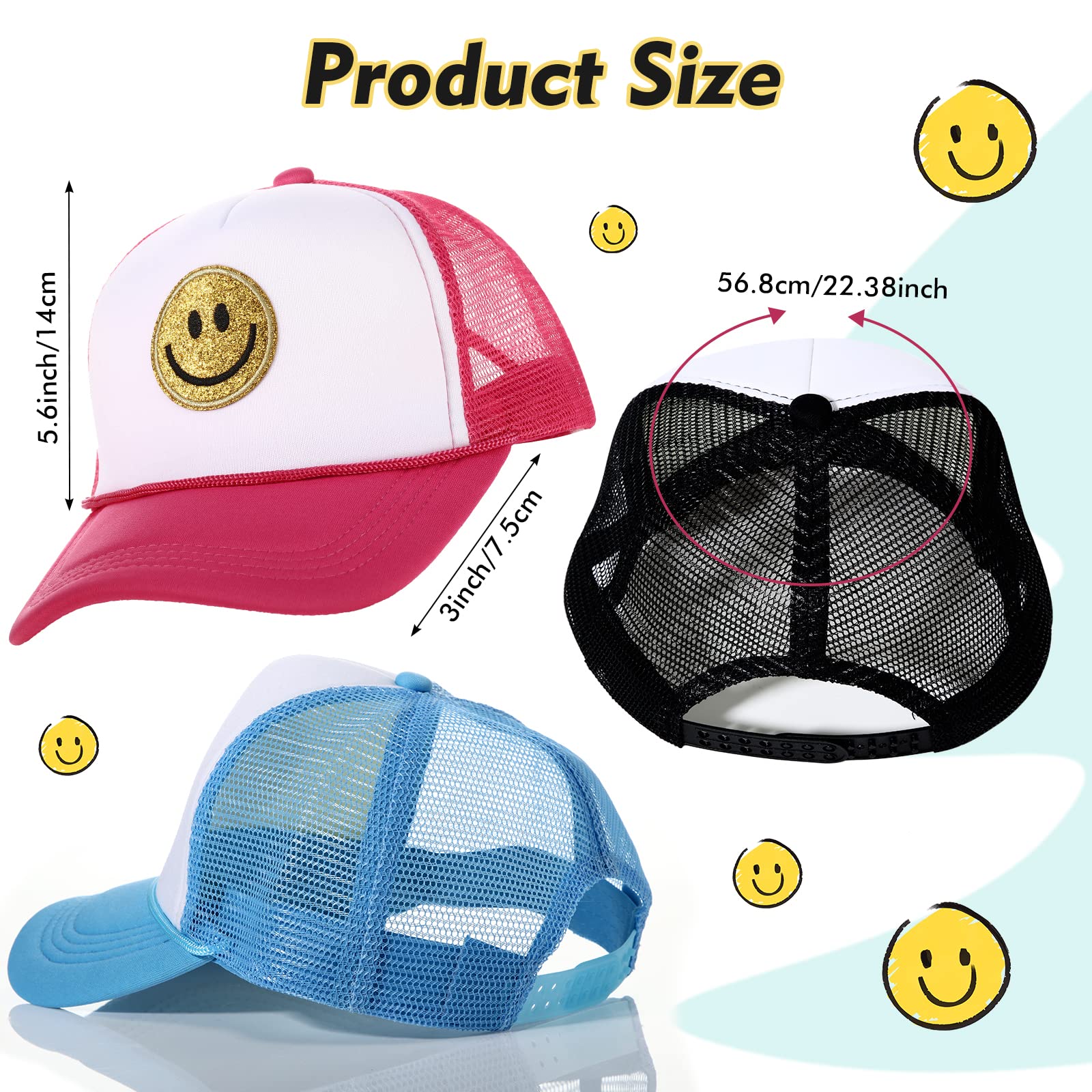 4 Pack Preppy Hat Smile Hat Stylish Smile Face Sequins Printing Trucker Hat Neon High Crown Foam Mesh Back Yellow Glitter Trucker Hat Adjustable Snapback Closure Preppy Stuff for Men and Women