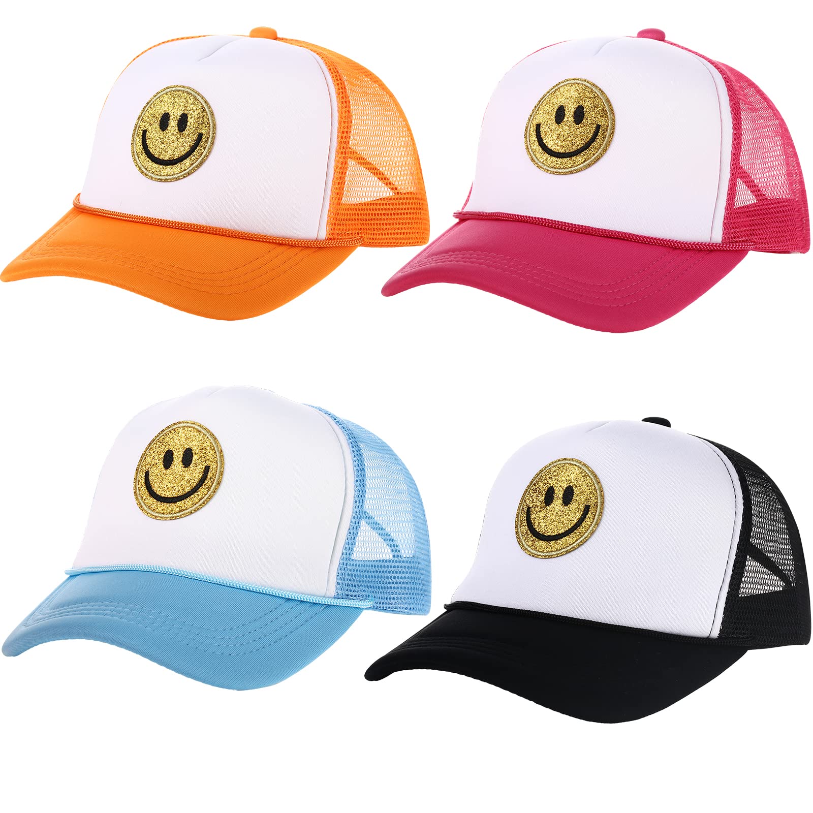 4 Pack Preppy Hat Smile Hat Stylish Smile Face Sequins Printing Trucker Hat Neon High Crown Foam Mesh Back Yellow Glitter Trucker Hat Adjustable Snapback Closure Preppy Stuff for Men and Women