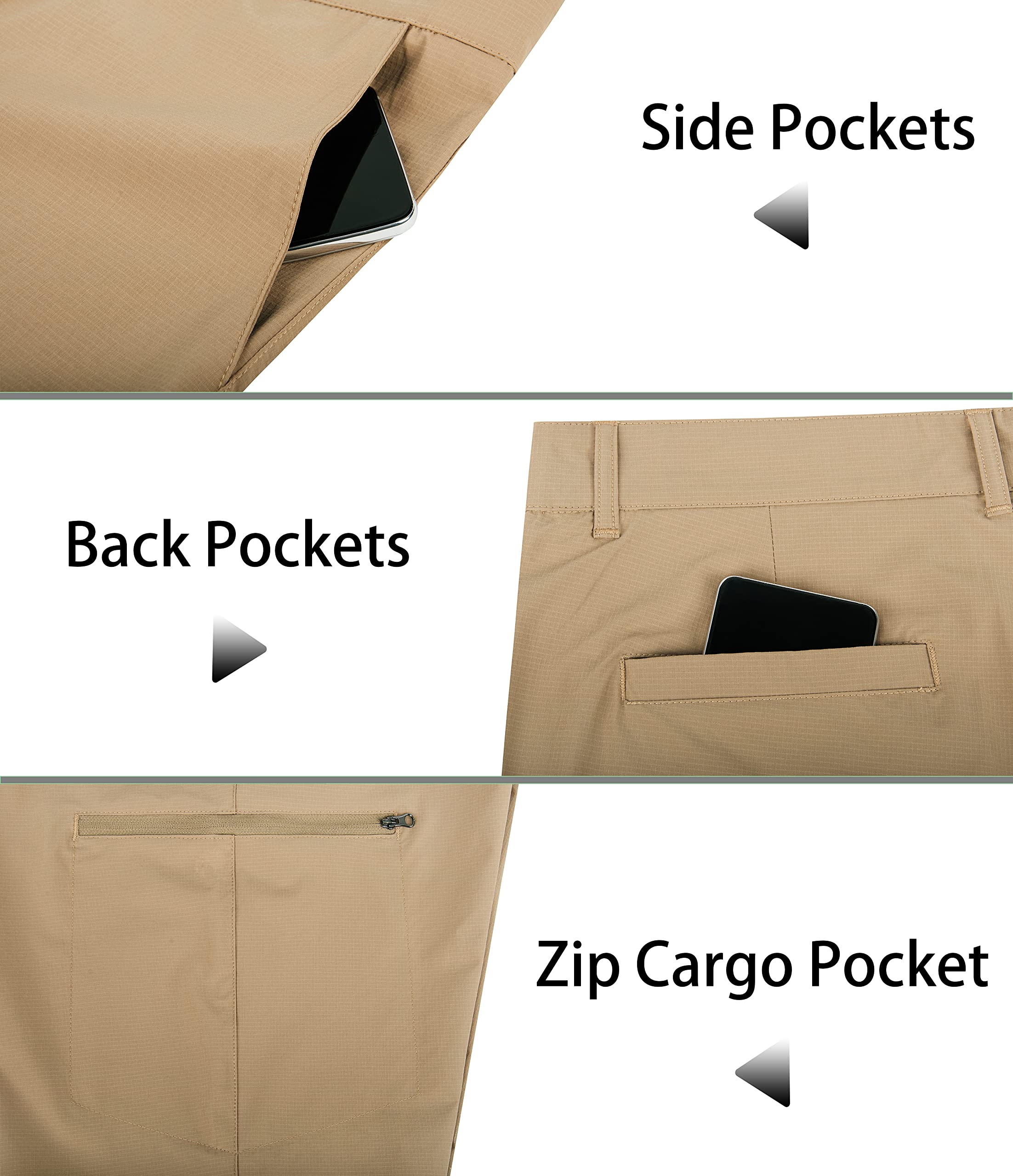 Derminpro Men's Classic Fit Stretch Nylon Waterproof Golf Shorts with Zip Pockets Khaki XX-Large