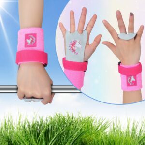 6 Pcs Gymnastics Grips Wristband Sweatbands Headband Set for Girls Kids Youth Unicorn Gymnastics Bar Hand Athletic Gloves with Drawstring Party Favor Bags, Pink (Unicorn,Small)