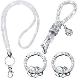 leelosp bling rhinestone wristlet neck lanyards crystal car keychain with diamond metal clasp keychain for women id badge (white)