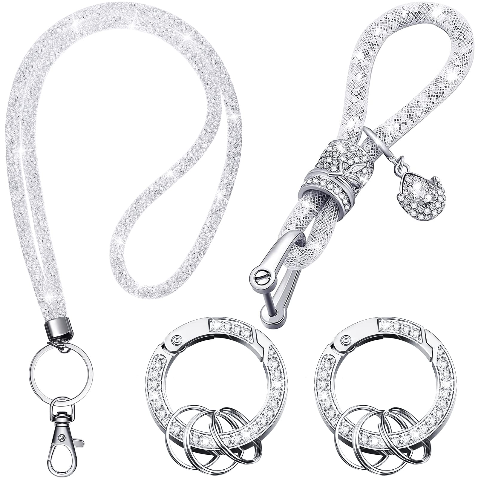 Leelosp Bling Rhinestone Wristlet Neck Lanyards Crystal Car Keychain with Diamond Metal Clasp Keychain for Women ID Badge (White)